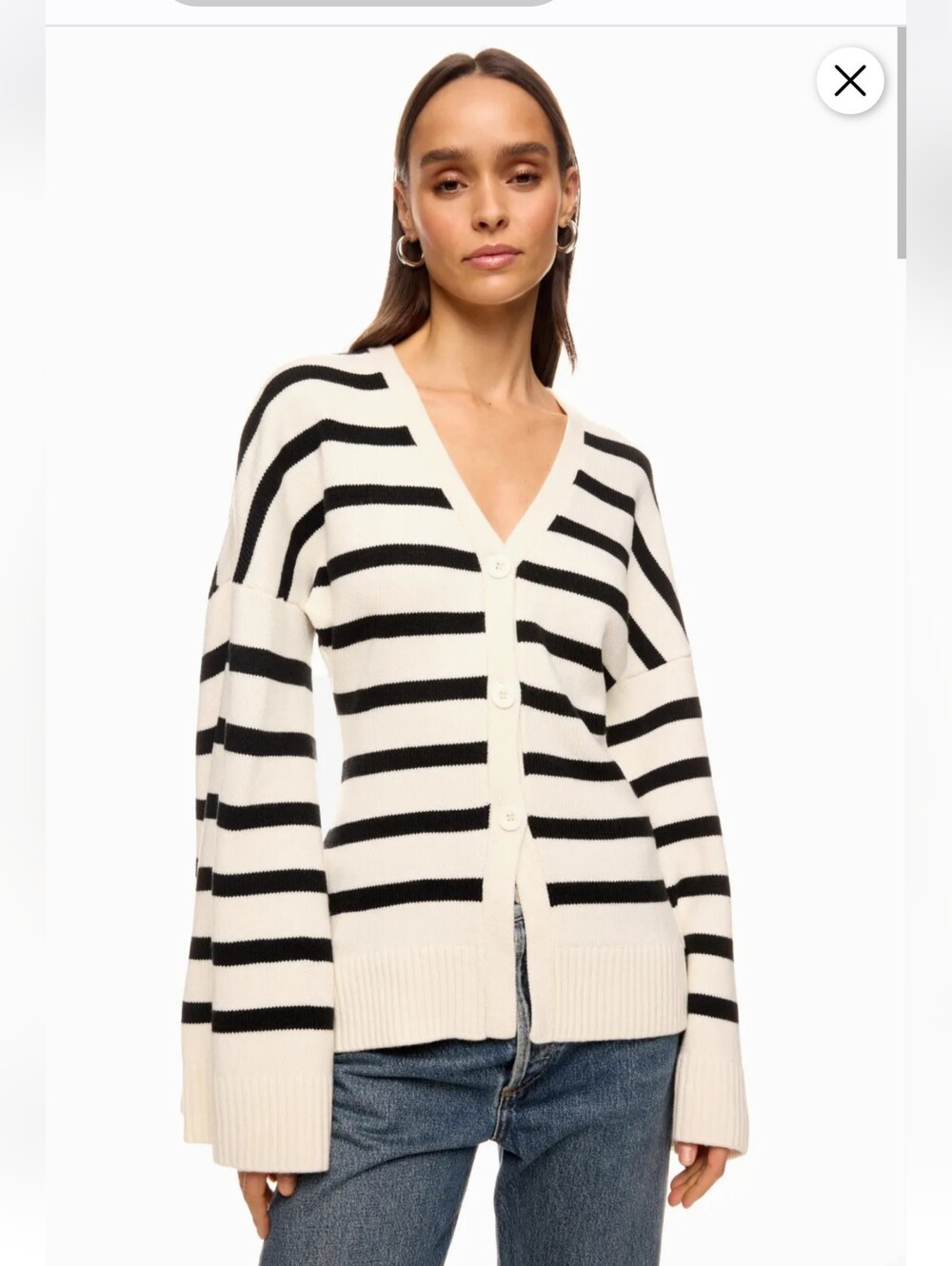 WeWoreWhat Cream & Black Striped V-Neck Button Cardigan